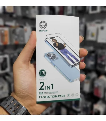 پک قاب و گلس ایفون 13 پرومکس گرین لاین شفاف و مقاوم